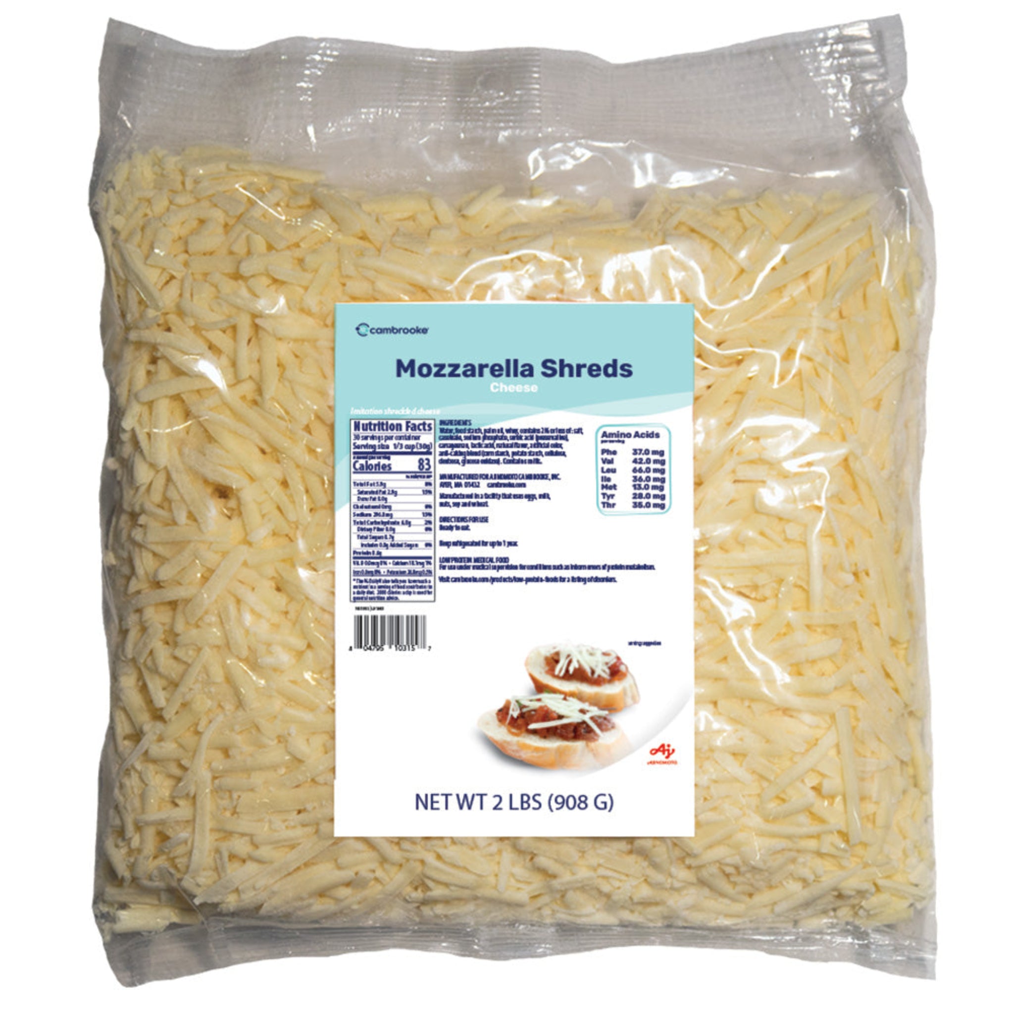 Package of Cambrooke Mozzarella Shreds on a white background.