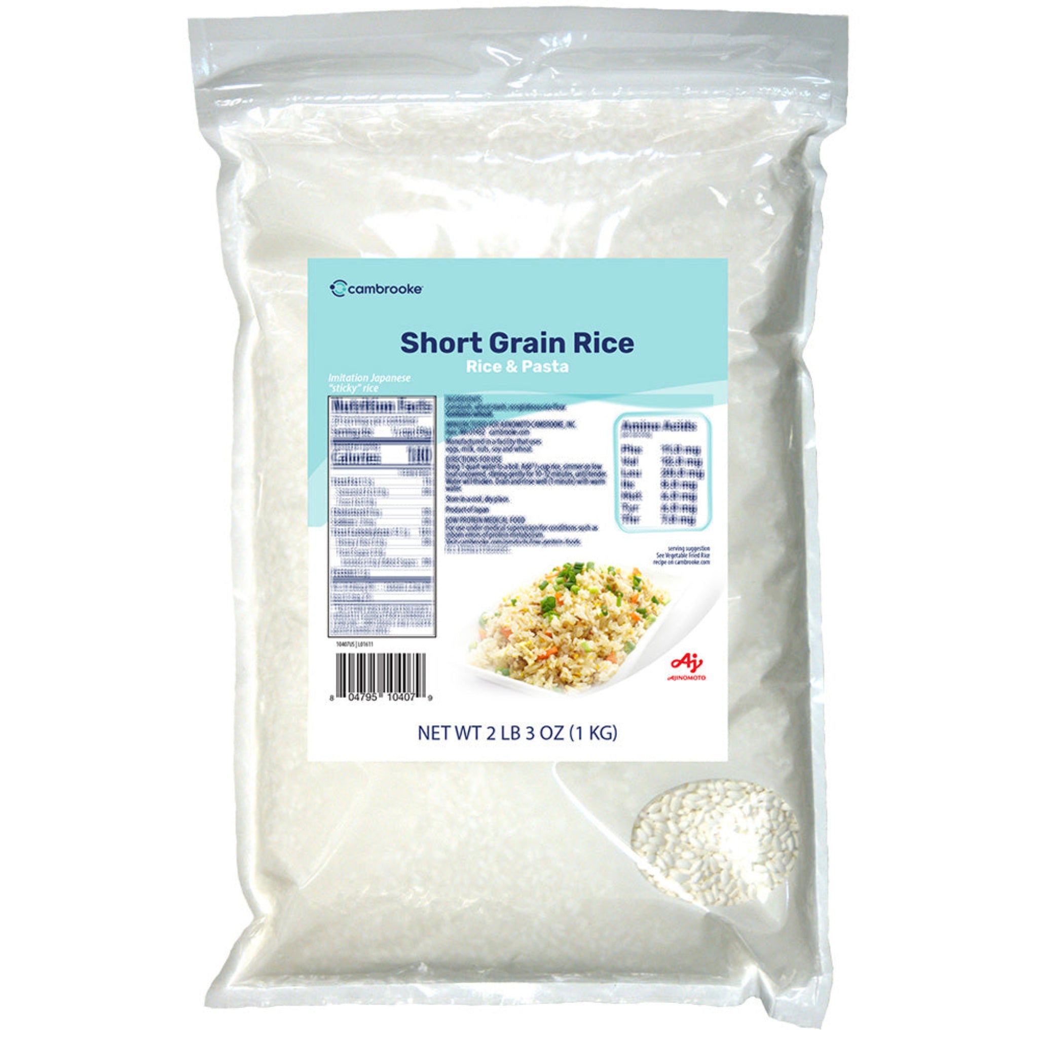 Package of Cambrooke short grain rice with a blue label on a white background