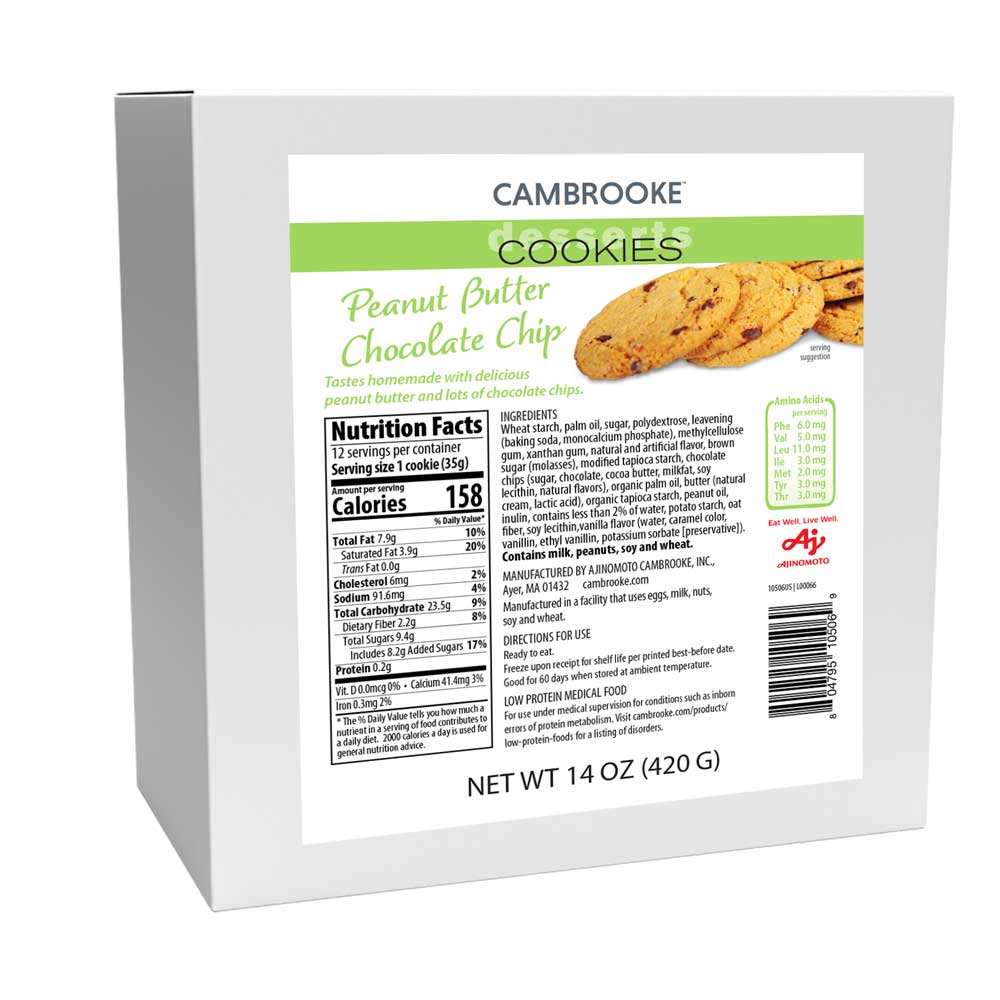 Green and white box of Cambrooke Peanut Butter Chocolate Chip Cookies with label and nutrition facts.