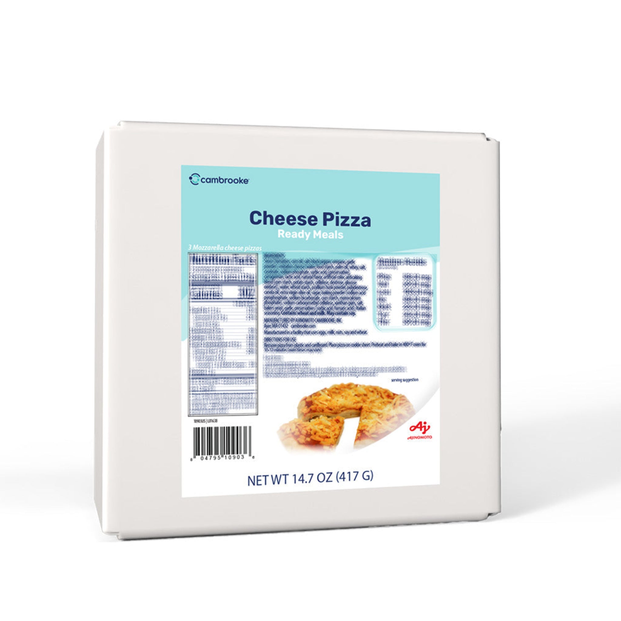 Box of Cambrooke Cheese Pizza on a white background