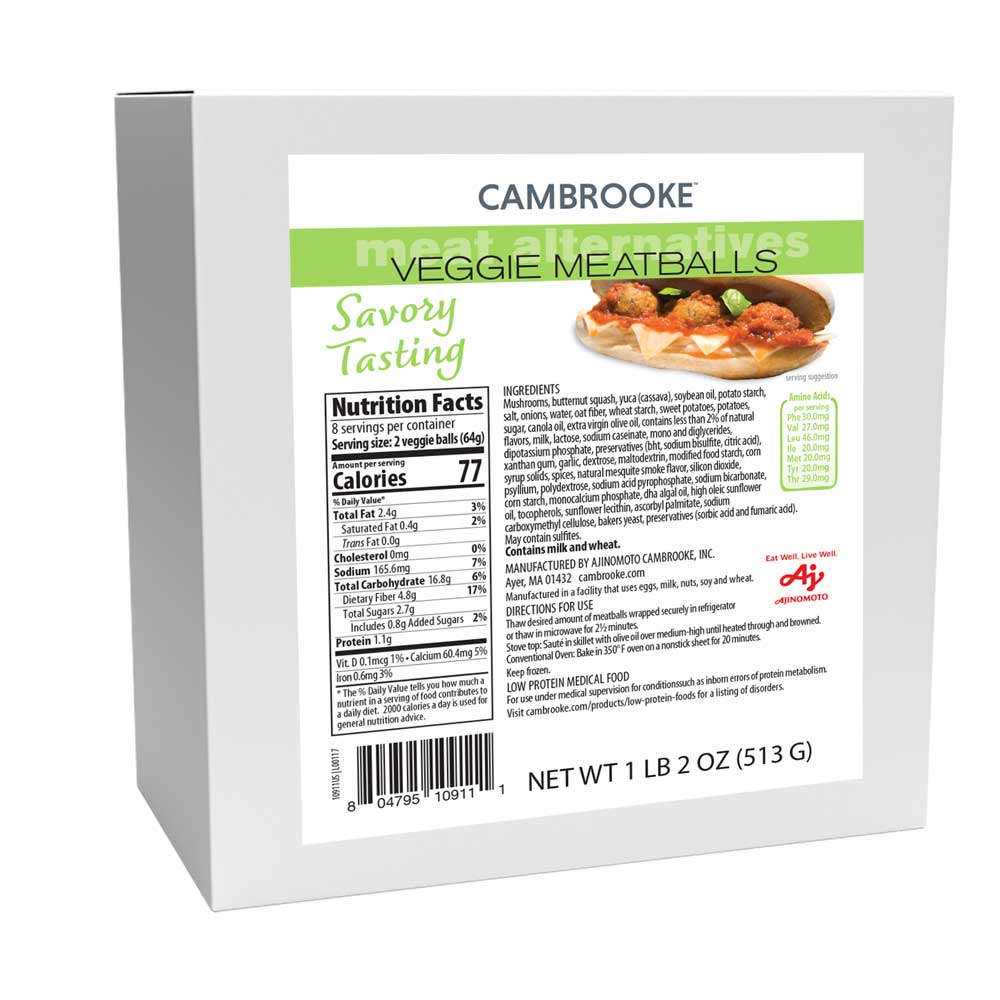Cambrooke veggie meatballs 513 gram packaging with ingredients and nutritional label on the front. 