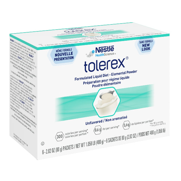Nestle Health Science Tolerex box, white and blue, 6 packets, 80 grams each.
