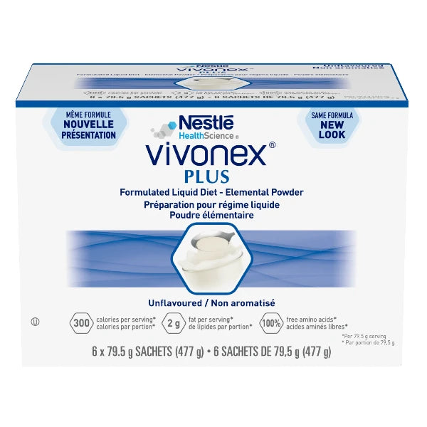 Nestle Health Science Vivonex Plus, blue and white packaging, 6 sachets, 477g each.