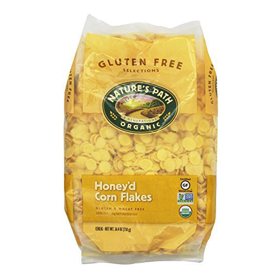 750 gram yellow and green bag of Nature's Path Honey'd Corn Flakes Cereal (Bulk Pack)