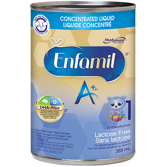 Enfamil A+ Lactose free Concentrate tin, blue and yellow packaging, 385mL.