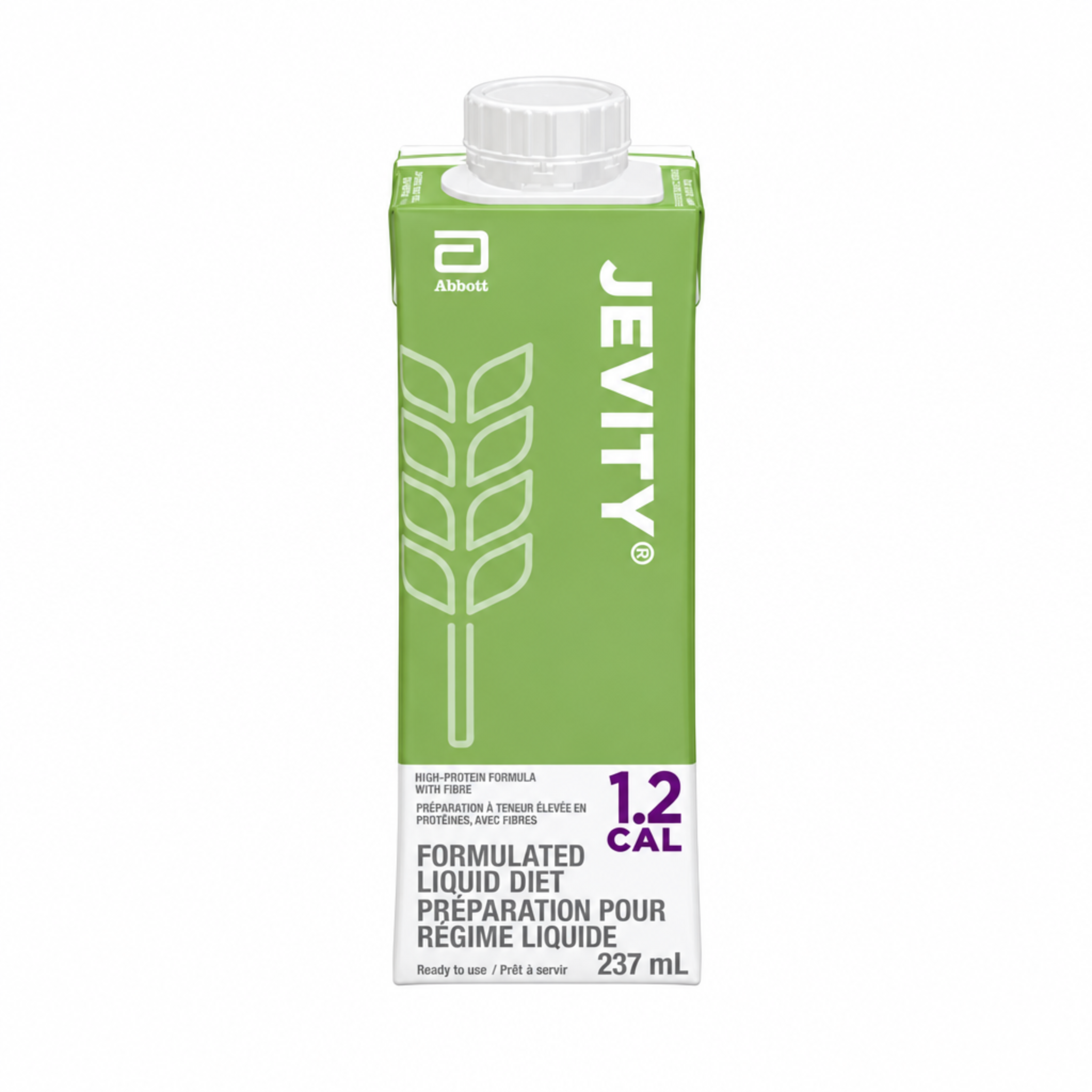 A 237 mL carton of Jevity featuring a light green and white design with a white cap, on a solid white background.
