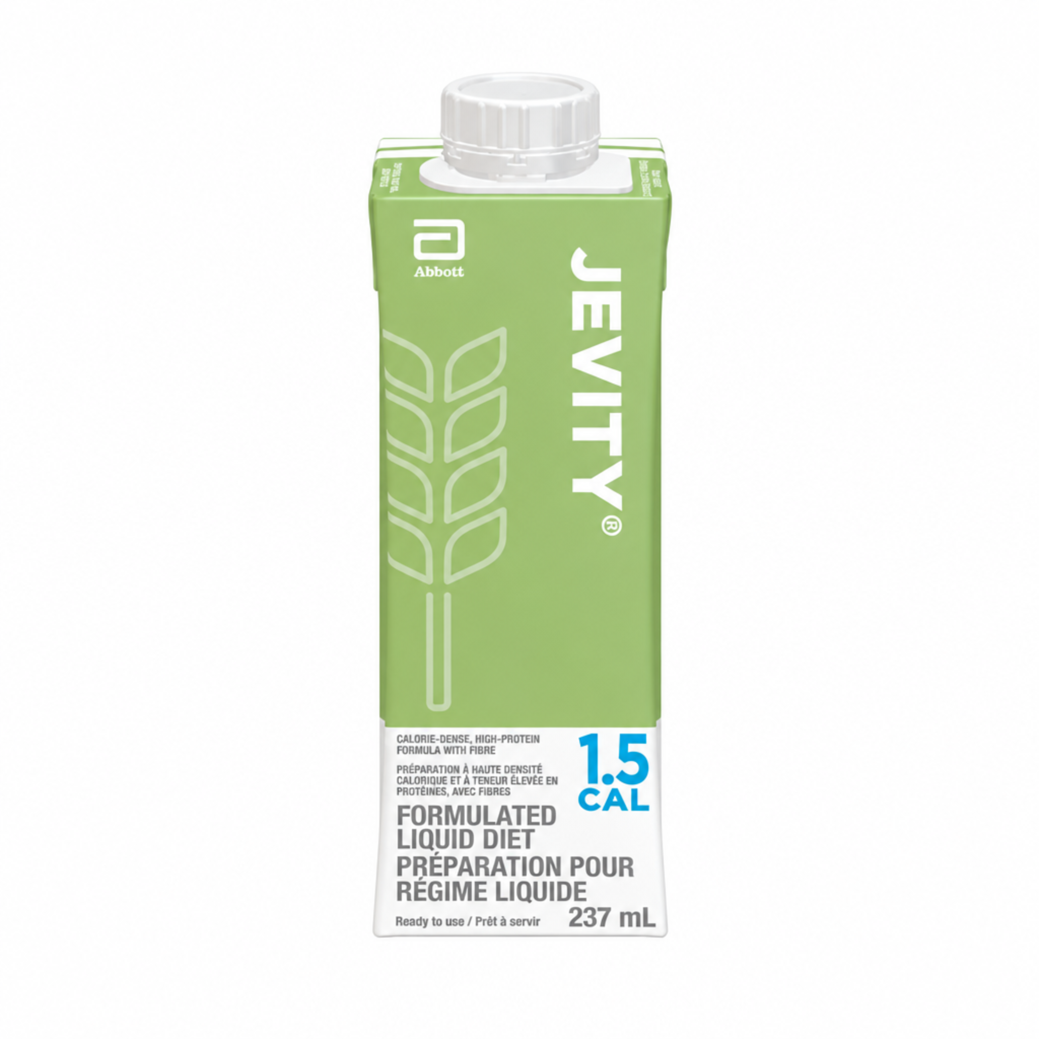 A 237 mL carton of Jevity liquid diet drink by Aliment, featuring a light sage green design with white text and a white cap, set against a plain white background.