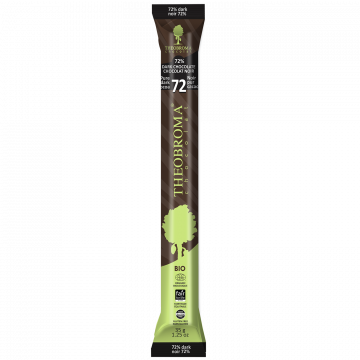 35 gram green brown and black bar of Theobroma Chocolate - 72% Dark Chocolate Baton