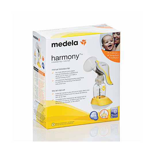 Medela harmony manual Breast Pump box, white and yellow packaging.