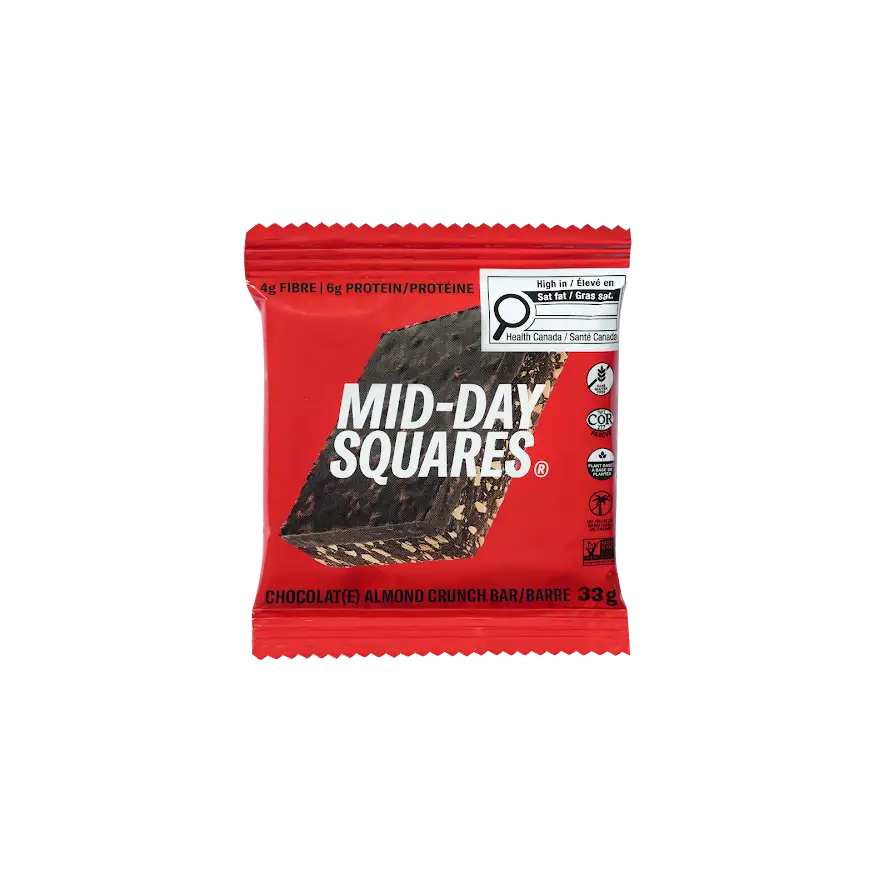 Red package of Mid-Day Squares Almond Crunch. 