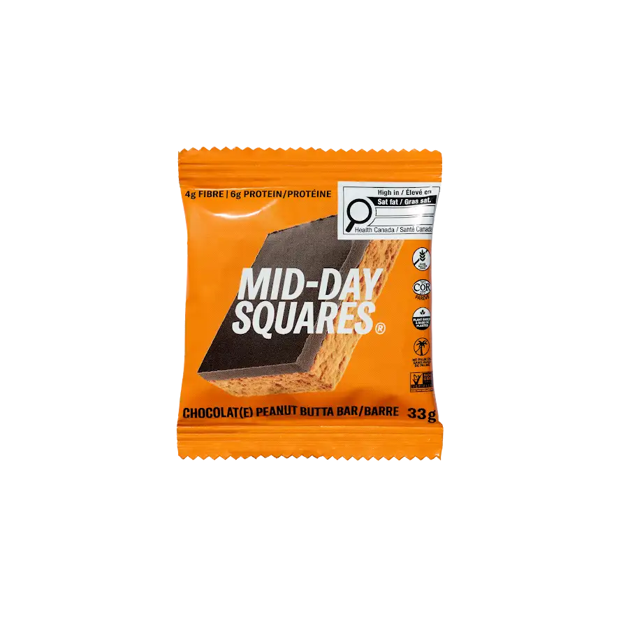 Orange package of Mid-Day Squares chocolate peanut butter bar on a white background.