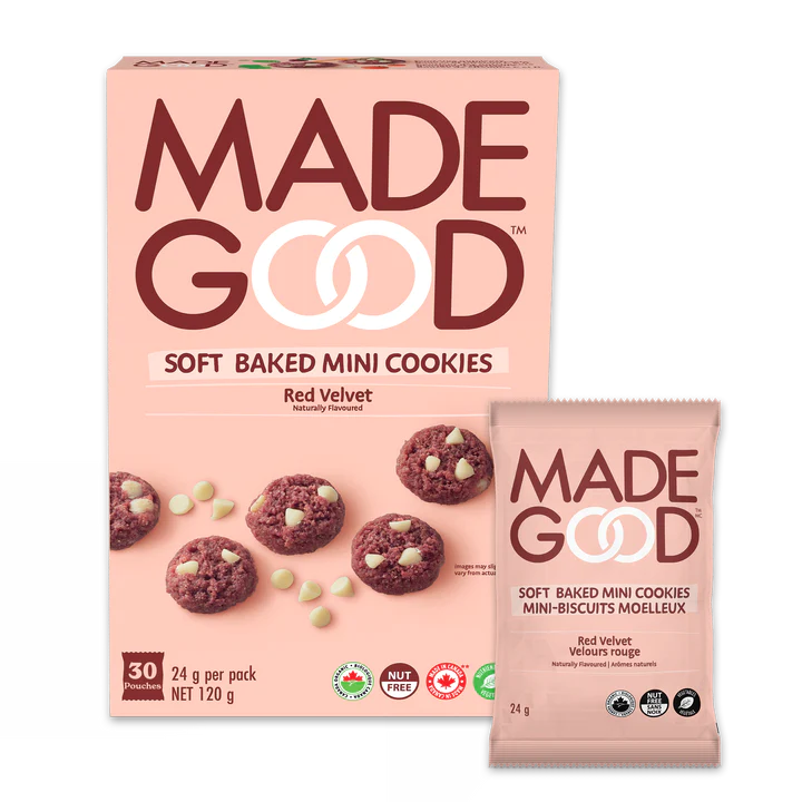 120 gram pink box and 24 gram pink single serve packet of Made Good Soft Baked Mini Cookies Red Velvet