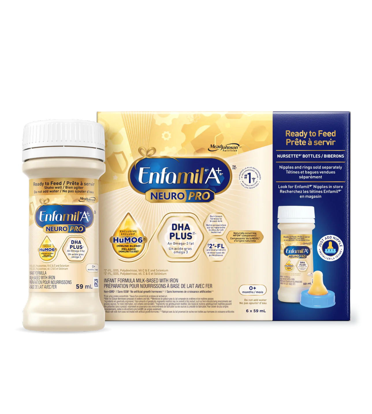 Enfamil A+ NeuroPro Nursettes, yellow/gold packaging, 59 mL each, 6 nursettes per pack, 8 packs per case, white twist on cap.