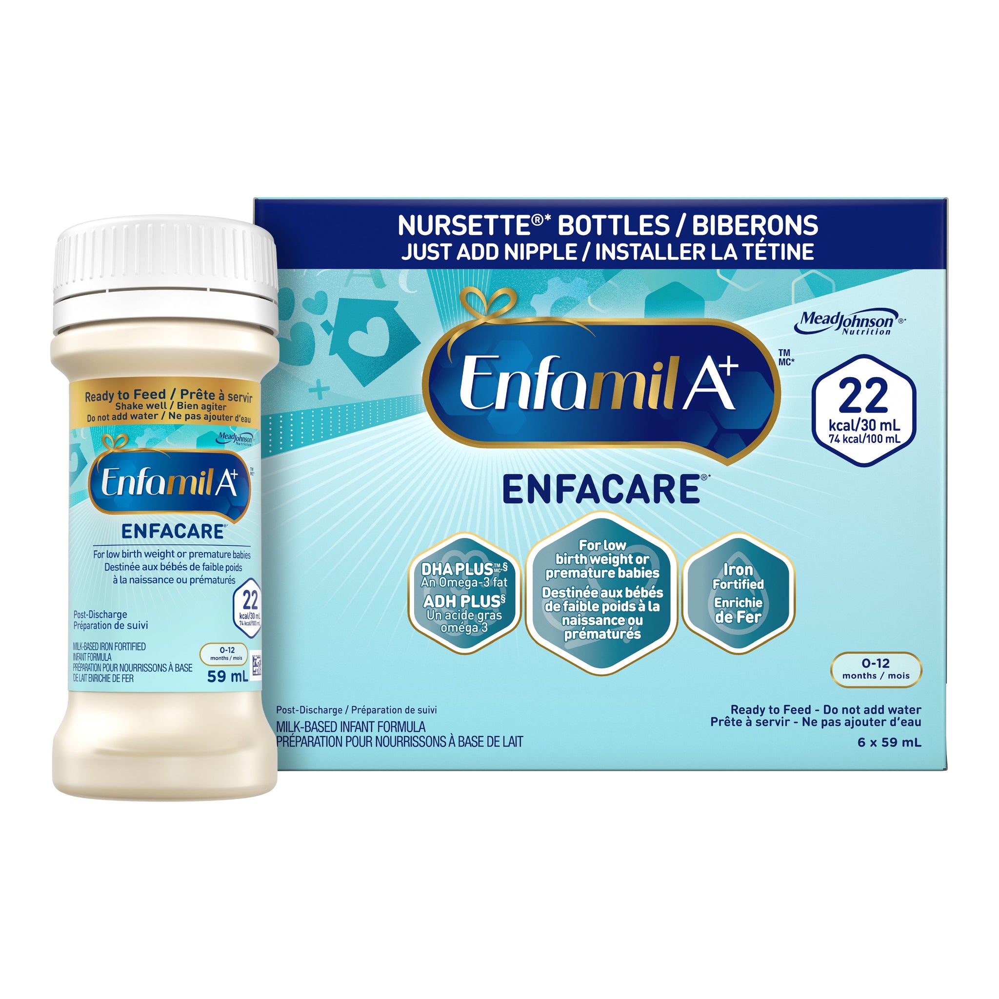 Enfamil A+ Enfacare formula bottle and matching retail box on a plain white background. The bottle is off-white with a white cap, and the box is light blue with dark blue and gold branding.