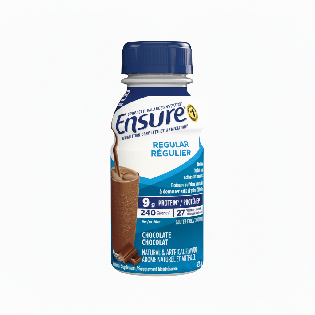 Ensure chocolate flavor supplement bottle on a white background