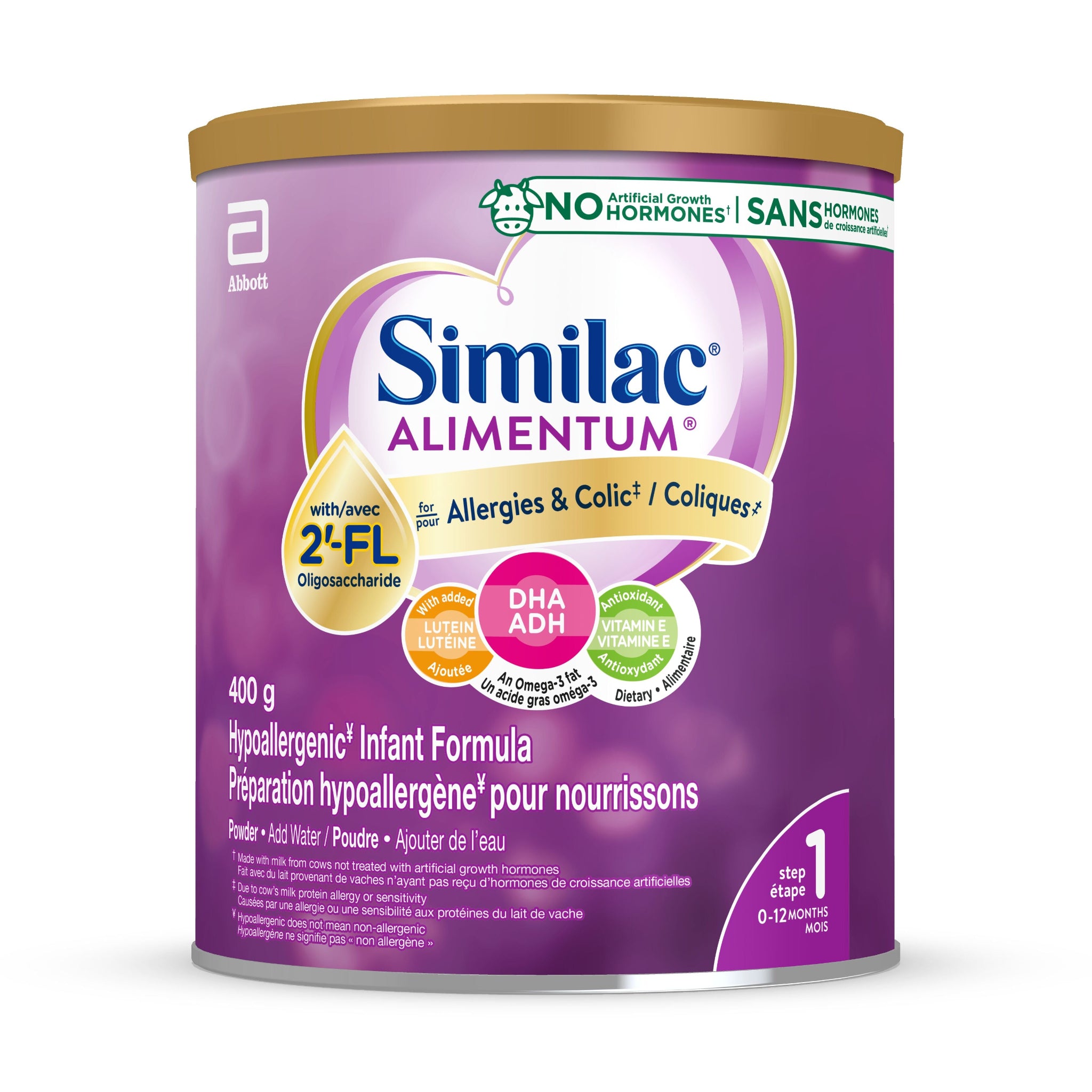 A 400 g canister of Similac Alimentum infant formula, featuring a purple label with a gold lid, on a clean white background.