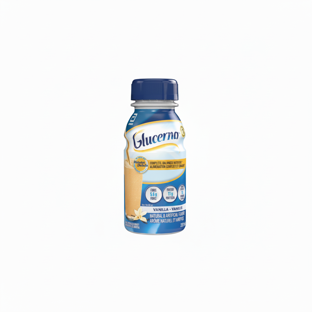 Glucerna Vanilla protein shake bottle on a white background