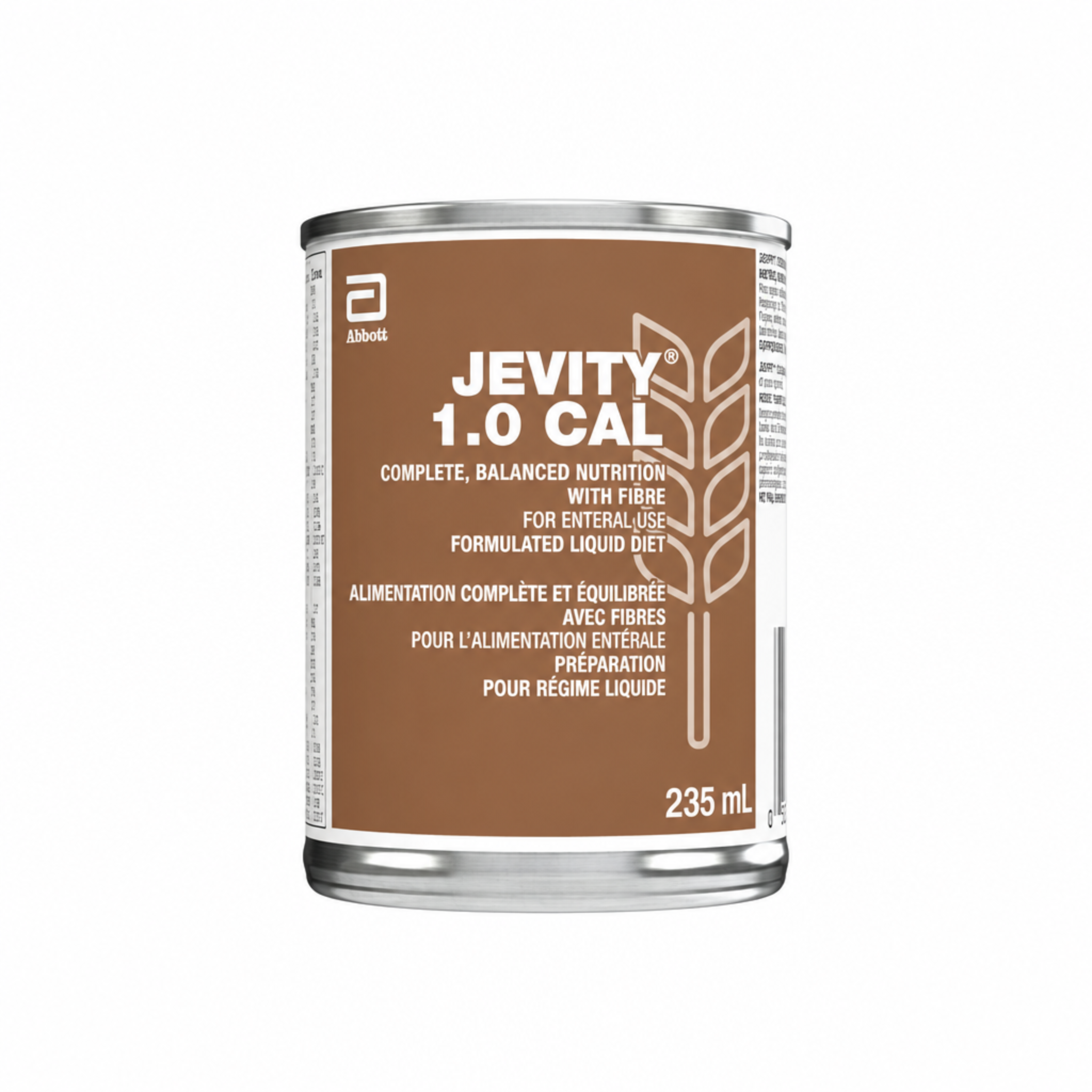 A can of Jevity 1.0 Cal liquid diet supplement, 235 mL, featuring a brown label with white text and a wheat graphic, on a white background.