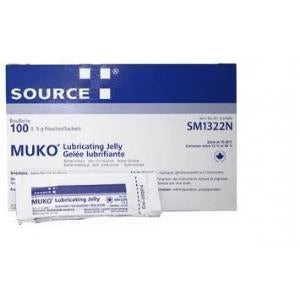 Muko gel individual sachet and box, blue and white packaging. 
