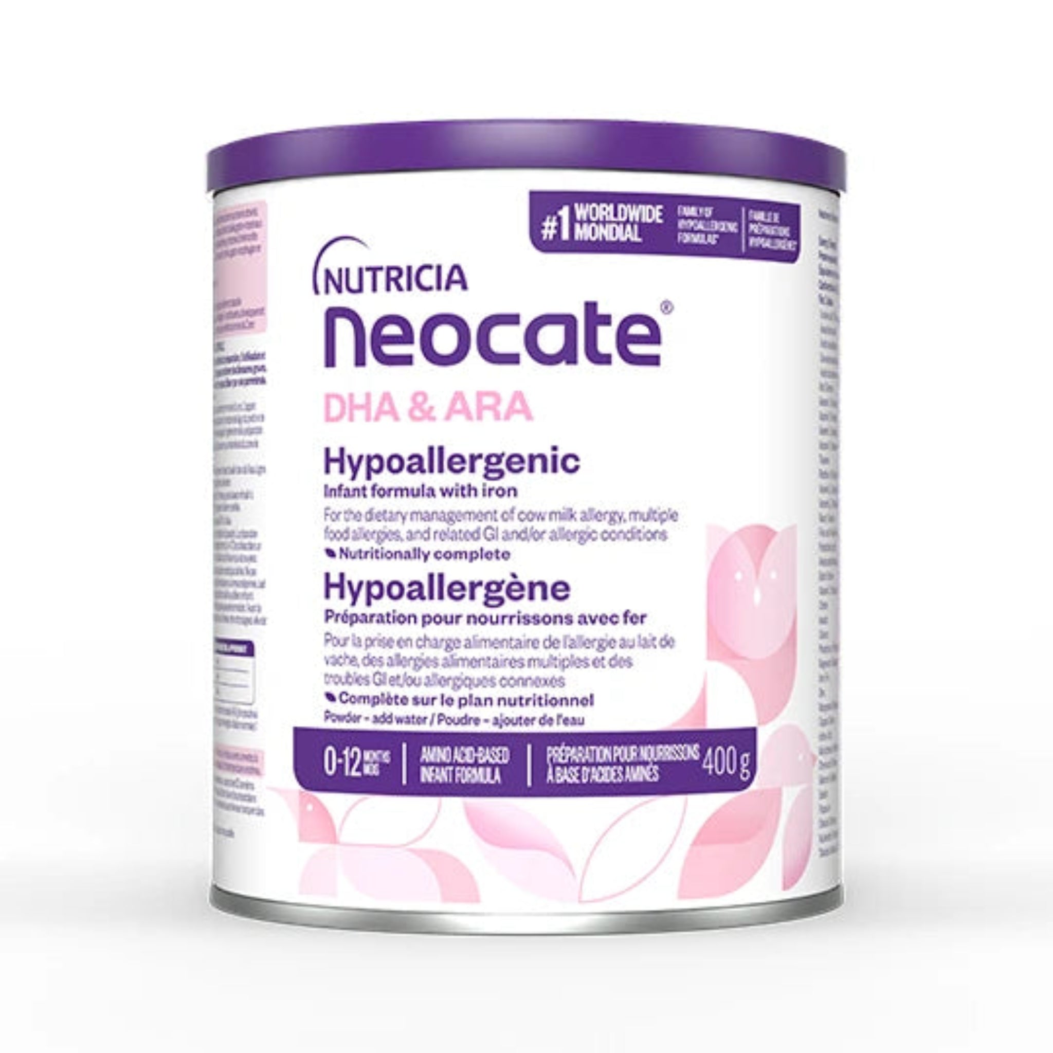 A 400g canister of Nutricia Neocate DHA &ARA Hypoallergenic Infant Formula, featuring a white and purple label with pink accents, set against a plain white background.