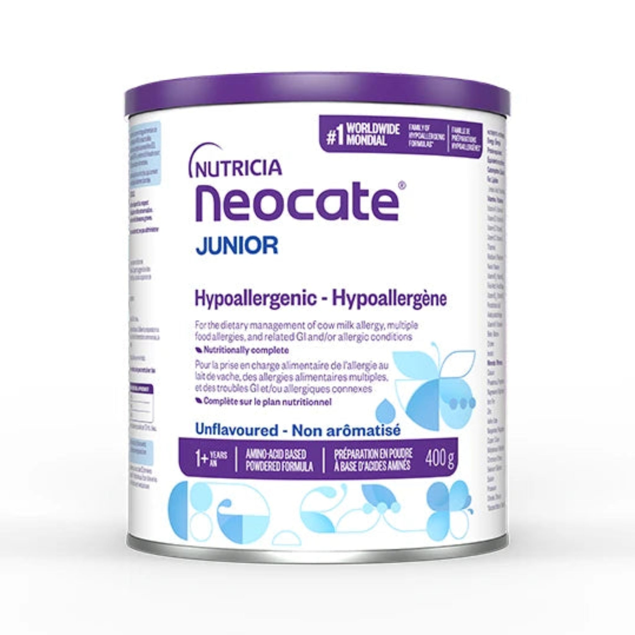 A 400g canister of Nutricia Neocate Junior Hipoallergenic powder, featuring a white label with purple and blue accents and a purple lid, set against a plain white background.
