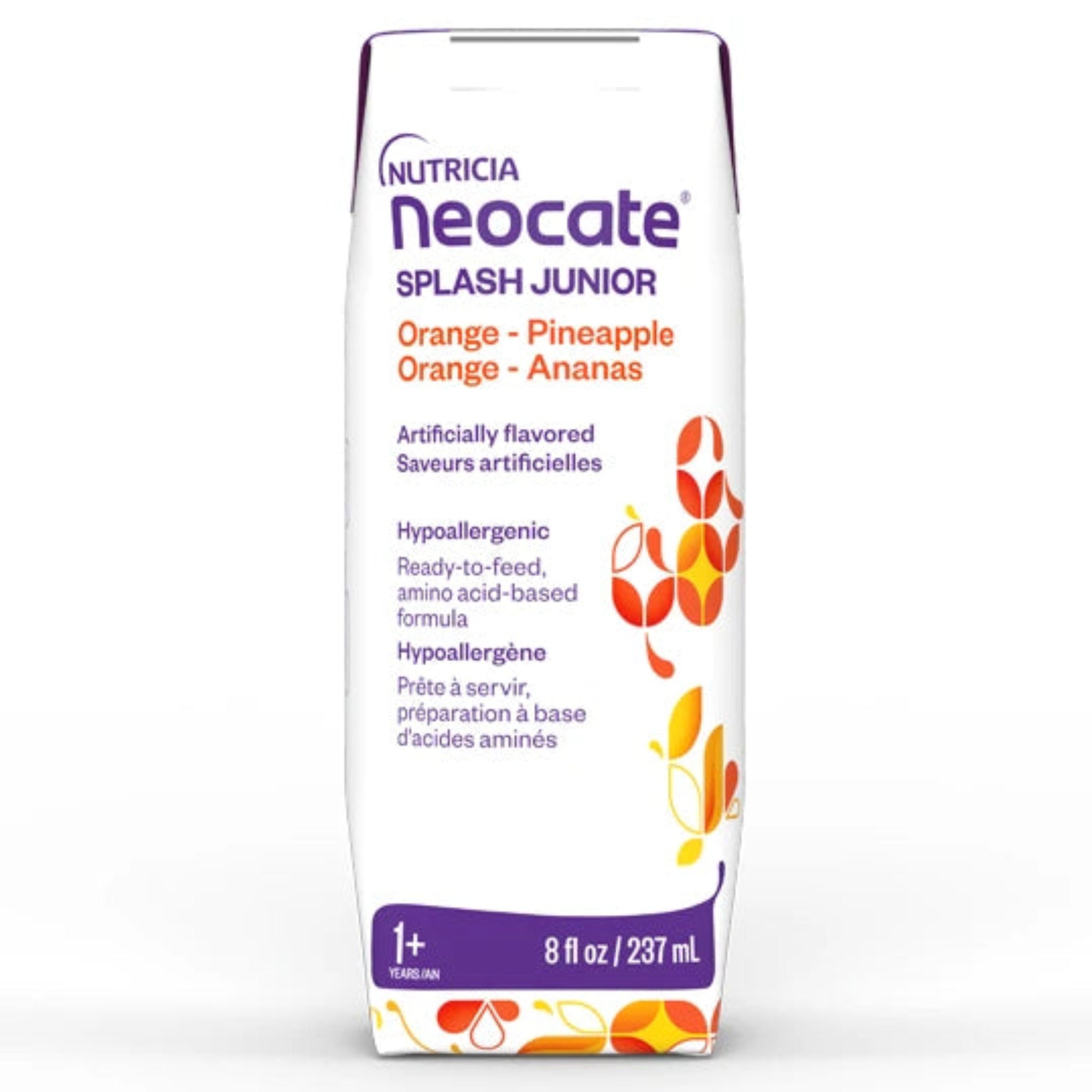 A 237 ml tetra of Nutricia Neocate Splash Junior Orange-Pineapple formula, featuring a white carton with purple and orange text and graphics, set against a plain white background.