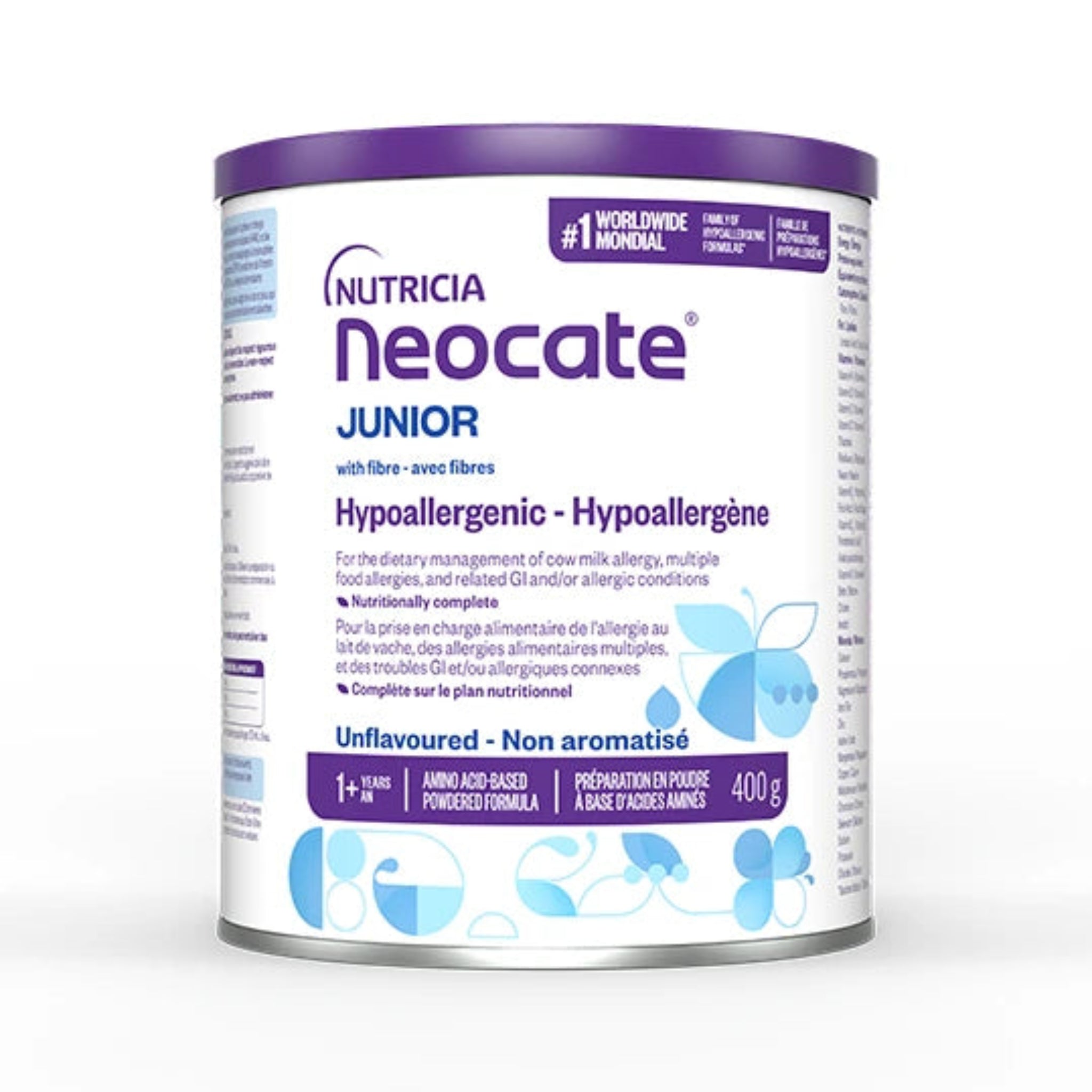 A 400g canister of Nutricia Neocate Junior Unflavoured with Fibre formula, featuring a white and purple label with blue accents, set against a plain white background.