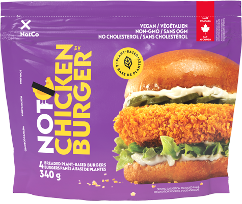 purple bag of Not Chicken plant based burgers