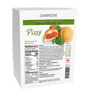 Green and white 252 gram box of Cambrooke Mini Pizza Pockets with nutritional label on the front.