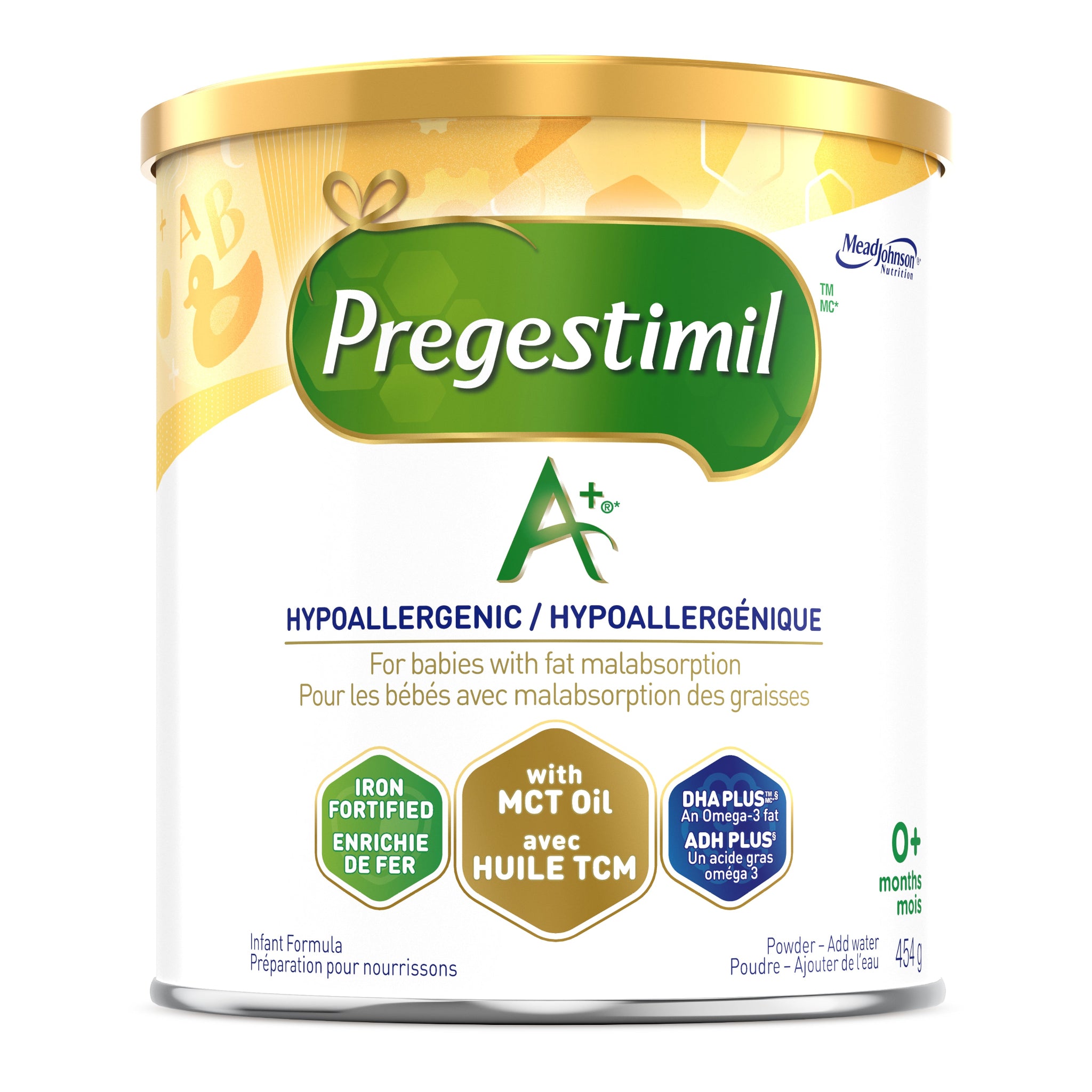 A canister of Pregestimil A+ infant formula powder, featuring a white body with a gold lid and a green brand logo, set against a plain white background.