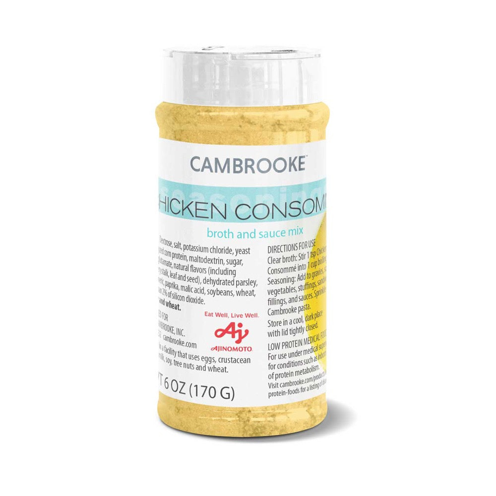 170 gram of light blue and white jar of Cambrooke Chicken Consomme Mix.