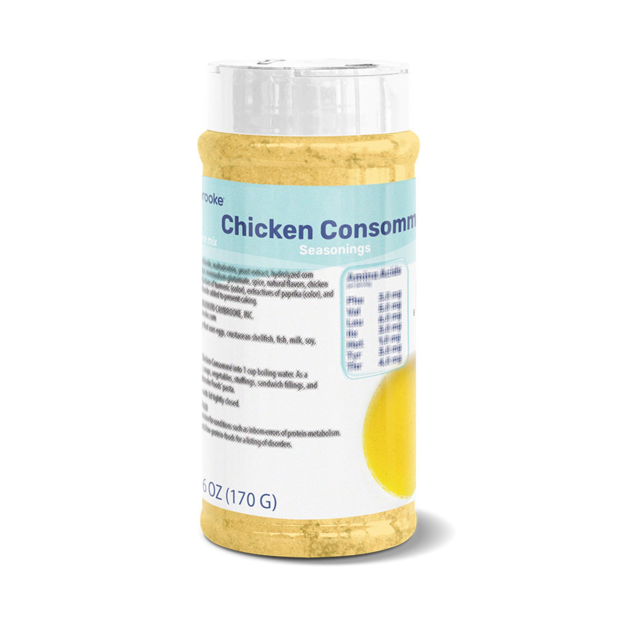 Cambrooke seasoning container labeled 'Chicken Consommé' on a white background