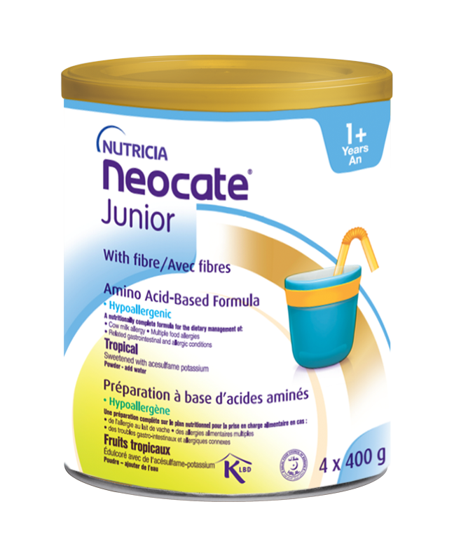 Nutricia neocate junior with fibre, tropcail, blue and yellow packaging, 4 of 400g cans.