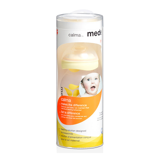 Medela Calma Plus Breastmilk Bottle in cylindrical white and yellow packaging. bottle visible through packaging.