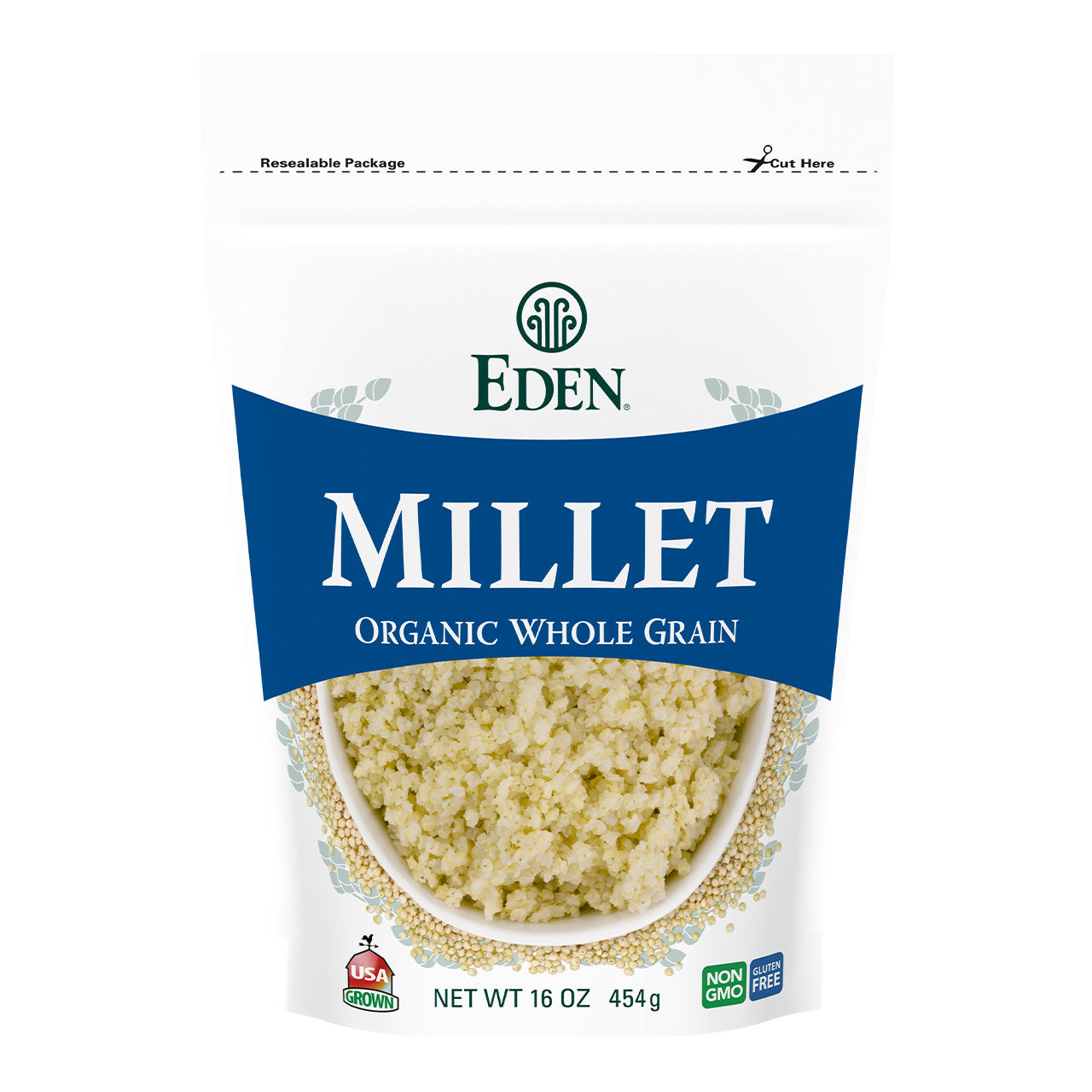 454 gram blue & white bag of Eden millet organic whole grain