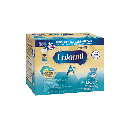 Enfamil A+ Enfacare Nursettes, blue and yellow box, six of 59mL nuresettes per box, 8 boxes per case.