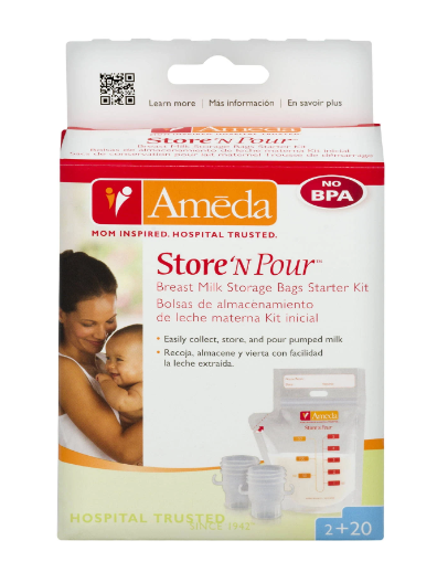 Ameda Store 'n Pour starter kit box, white, green, and red packaging, orange Ameda logo.