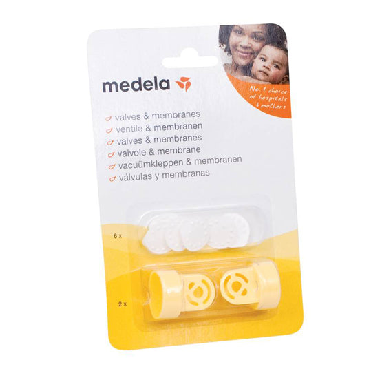 Medela Valve and Membrane Pack, white and yellow packaging, 6 membranes, two valves.