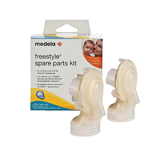 Medela Freestyle Spare Parts Kit, box pictured with two breast shield connectors, clear and yellow.