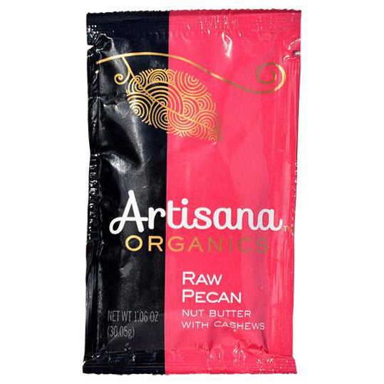 30.05 gram pink and black packet of Artisana Pecan Butter - Single Serving