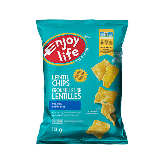 113 gram blue and green bag of Enjoy Life Foods Sea Salt Lentil Chips (Large)