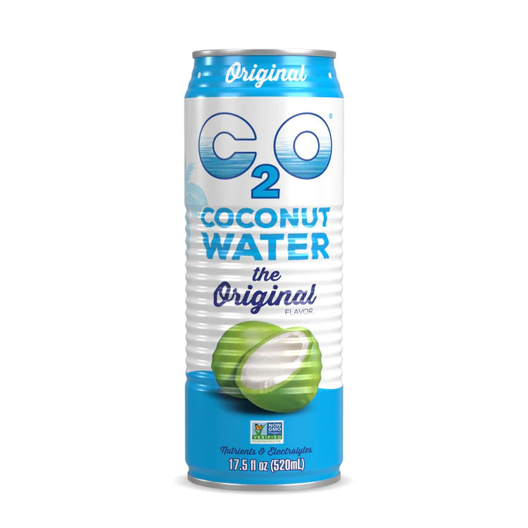 520 mL blue and white can of C2O Pure Coconut Water