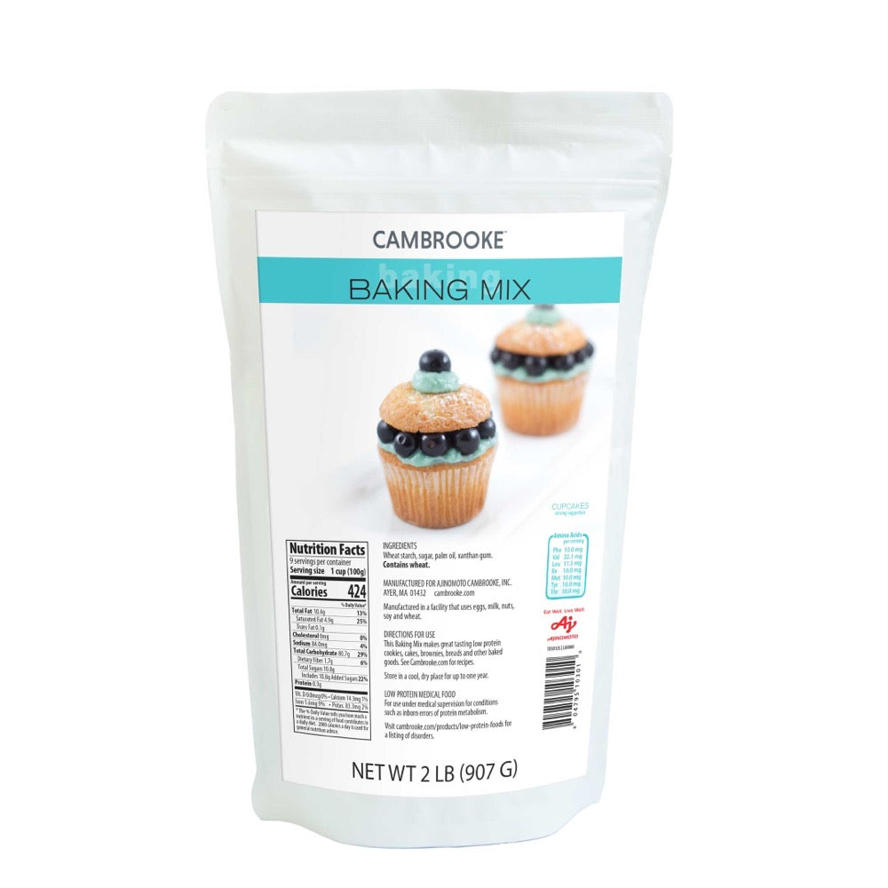 907 gram blue and white package of Cambrooke Baking Mix All Purpose.