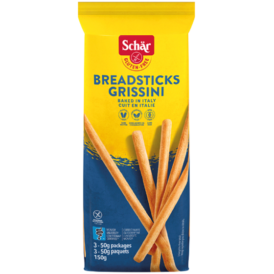 150 gram blue and yellow packaging with images of breadsticks. 