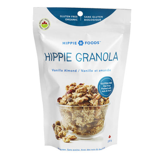 200 gram blue and white bag of Hippie Granola Vanilla Almond