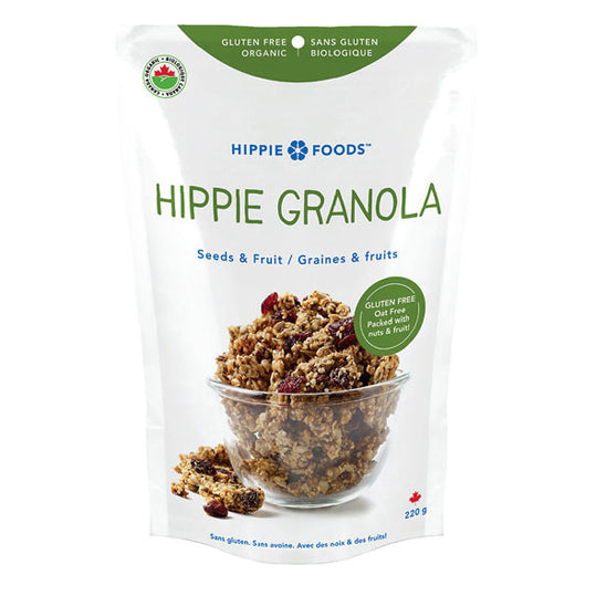 220 gram white and green bag of Hippie Granola Seeds & Fruit