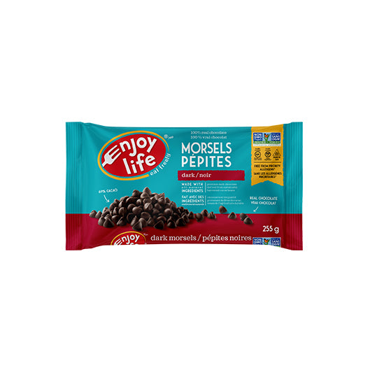 255 gram red and blue bag of Enjoy Life Foods Dark Chocolate Morsels