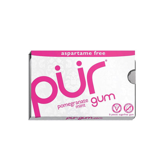 12.6 gram pink and white blister tray of PUR Gum - Pomegrante Mint