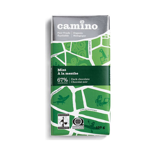 100 gram green and silver package of Camino Chocolate Bar - Mint 67%