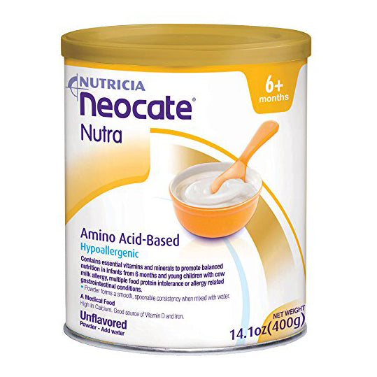 Nutrica Neocate Nutra yellow and white packaging, 400g/14.1oz.
